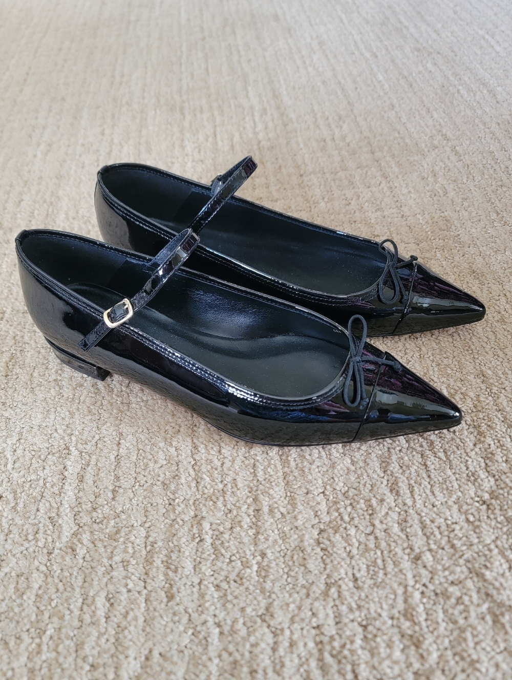 New J. Crew Black Patent Pointed Mary Jane Flats with Bow, Size 9